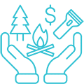 blue icon of hands with tree, flashlight, dollar sign, and campfire