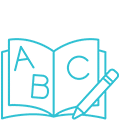 blue icon of book with pencil reading ABC