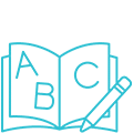 blue icon of book with pencil reading ABC