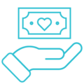 Blue icon of hand holding dollar bill with heart inside bill