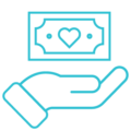 Blue icon of hand holding dollar bill with heart inside bill