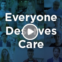 Image with play button to play video. Copy reads' "Everyone Deserves Care"