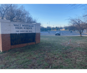 Antisemitic statements spray painted on the Walt Whitman High School sign.