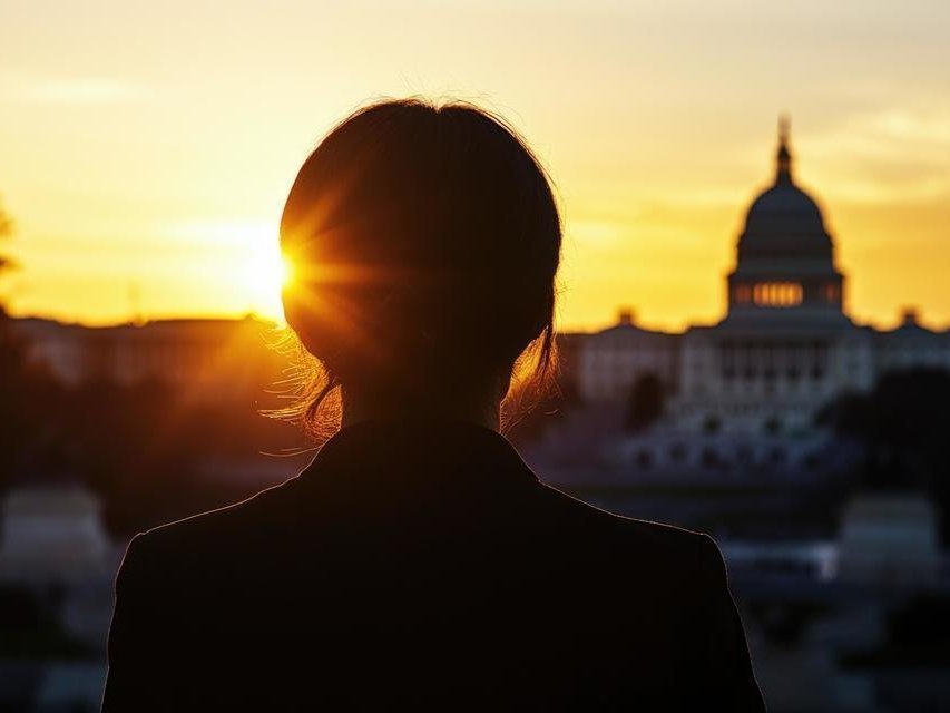 silhouette of back of women's head, looking at the Capitol building in the distance while the sun sets.